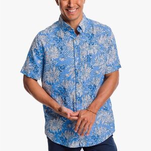 Lilly Pulitzer x Southern Tide Mens Linen Shirt Size Large Blue Floral Hawaiian